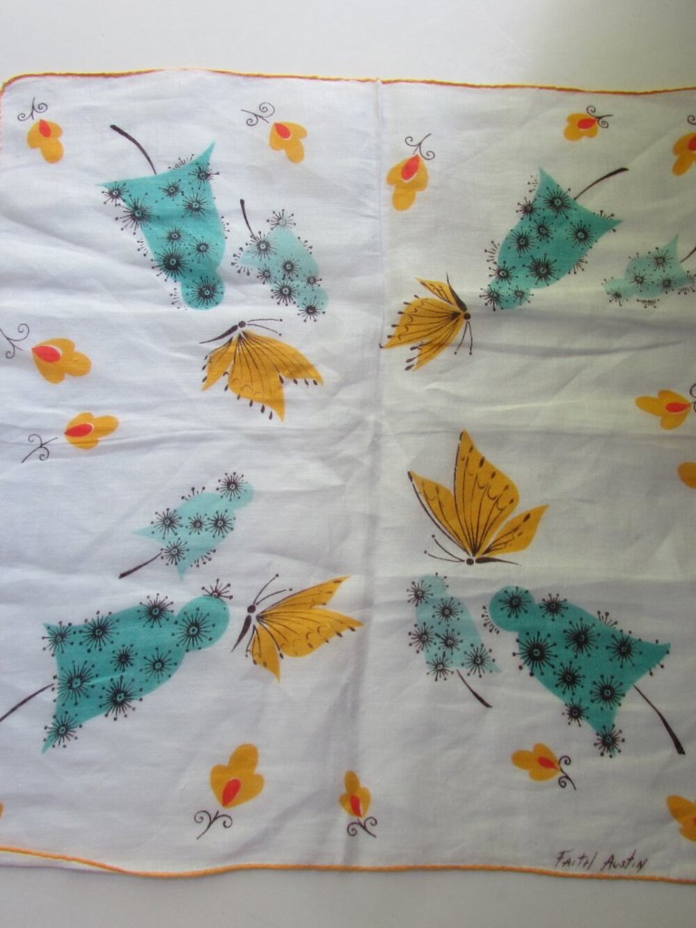 Vintage Handkerchief Faith Austin Marigold Butterflies Turquoise Blossoms